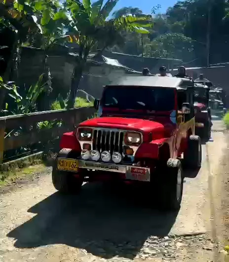 Jeep Willys rojo subiendo por un camino de montaña