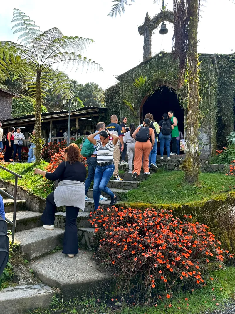 Peregrinos subiendo las escaleras hacia la capilla de piedra entre helechos